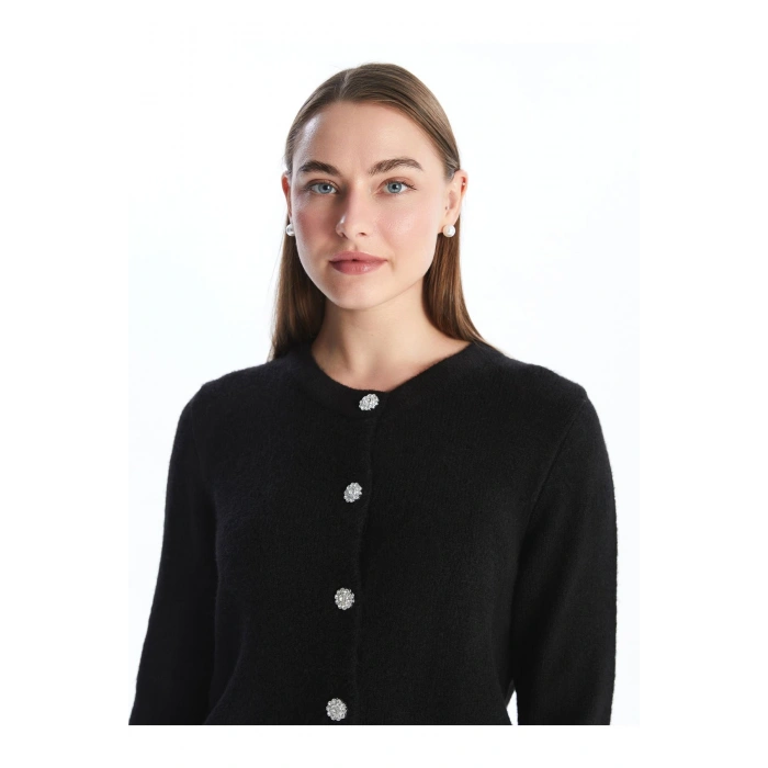 Bisiklet Yaka Düz Uzun Kollu Kadın Triko Hırka