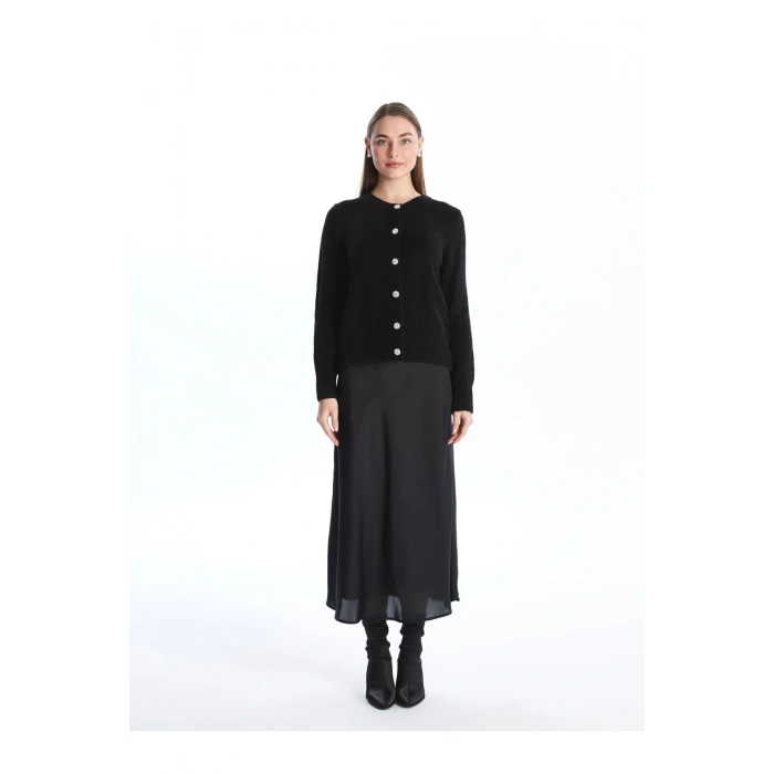 Bisiklet Yaka Düz Uzun Kollu Kadın Triko Hırka