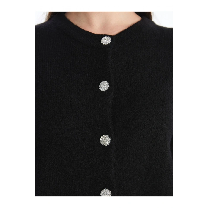 Bisiklet Yaka Düz Uzun Kollu Kadın Triko Hırka