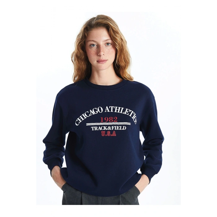 Xsıde Lacivert Bisiklet Yaka Baskılı Kadın Kalın Sweatshirt