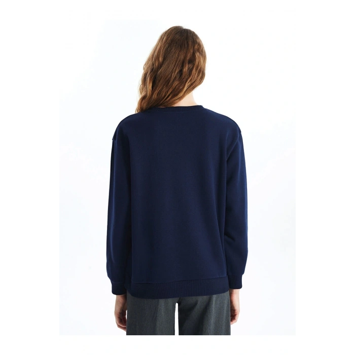 Xsıde Lacivert Bisiklet Yaka Baskılı Kadın Kalın Sweatshirt