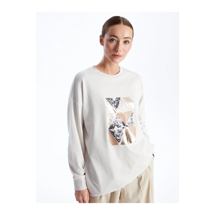 Bisiklet Yaka Baskılı Uzun Kollu Oversize Kadın Tunik