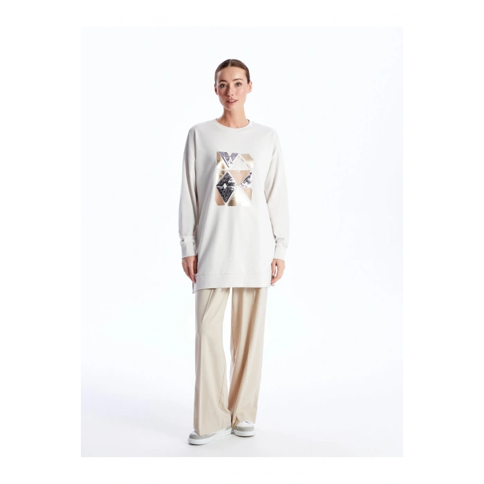 Bisiklet Yaka Baskılı Uzun Kollu Oversize Kadın Tunik