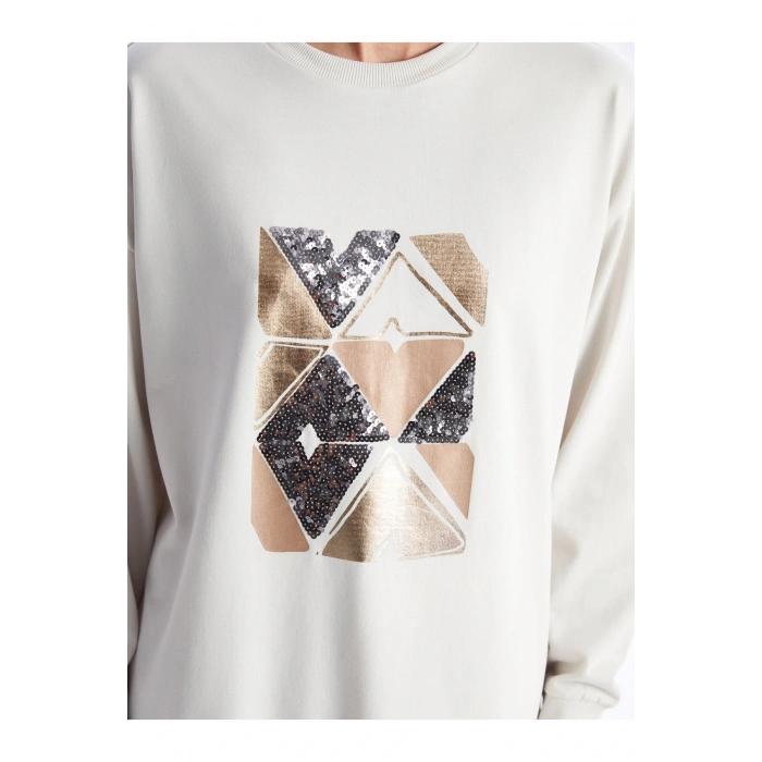 Bisiklet Yaka Baskılı Uzun Kollu Oversize Kadın Tunik