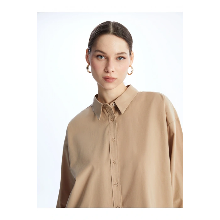 Düz Uzun Kollu Poplin Kadın Gömlek Tunik