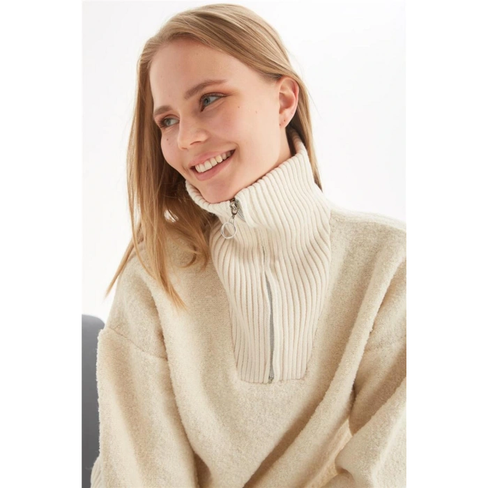 Yakası Fermuarlı Sweat Bej