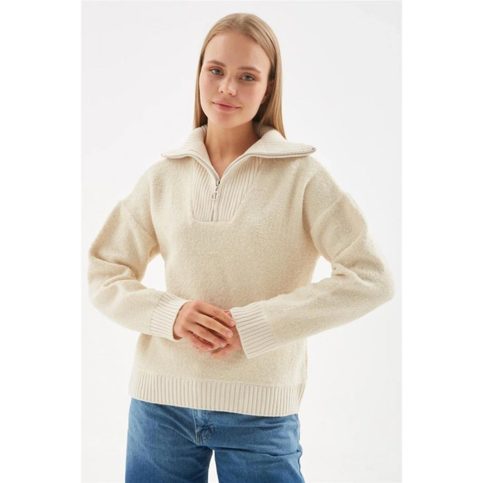 Yakası Fermuarlı Sweat Bej