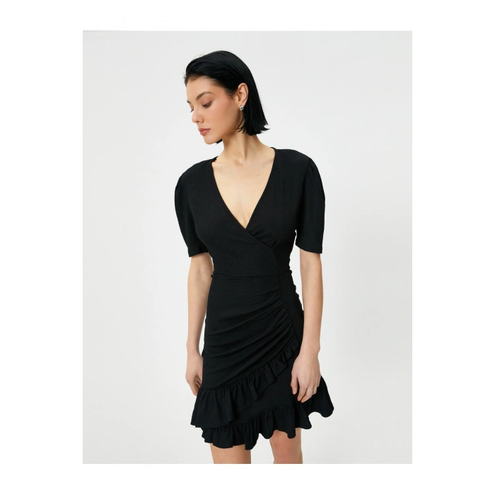 Mini Fırfırlı Elbise V Yaka Kruvaze Balon Kol