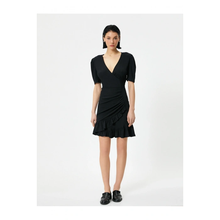 Mini Fırfırlı Elbise V Yaka Kruvaze Balon Kol