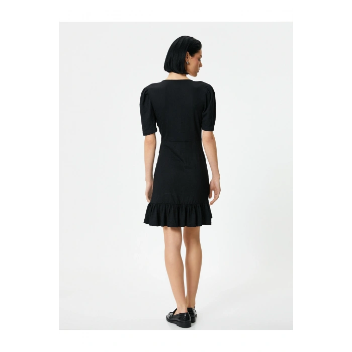 Mini Fırfırlı Elbise V Yaka Kruvaze Balon Kol