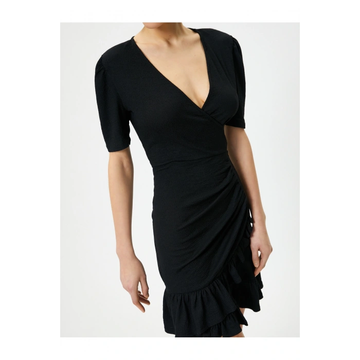 Mini Fırfırlı Elbise V Yaka Kruvaze Balon Kol