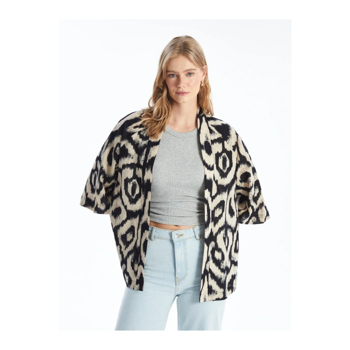Şal Yaka Desenli Oversize Keten Karışımlı Kadın Kimono