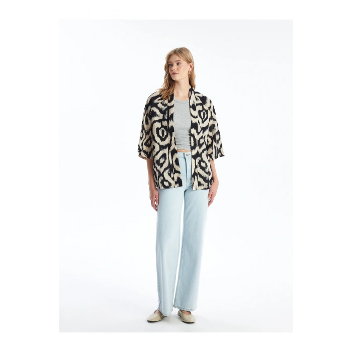 Şal Yaka Desenli Oversize Keten Karışımlı Kadın Kimono