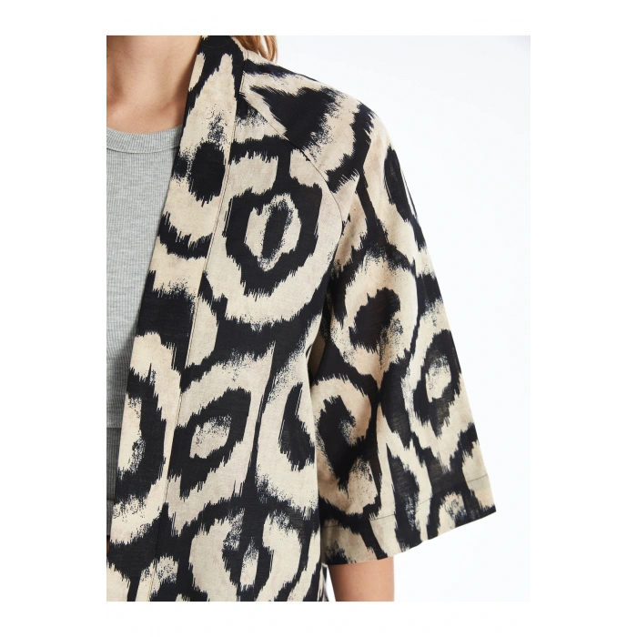 Şal Yaka Desenli Oversize Keten Karışımlı Kadın Kimono