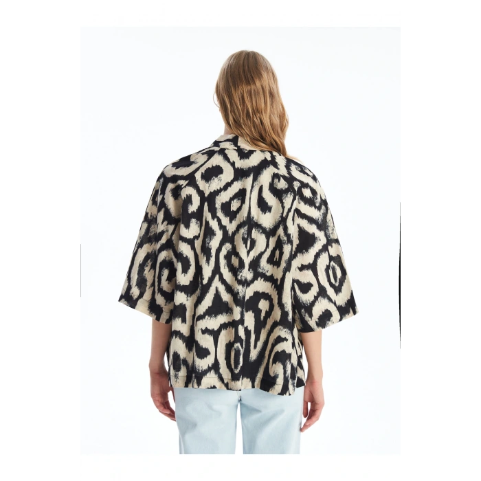 Şal Yaka Desenli Oversize Keten Karışımlı Kadın Kimono