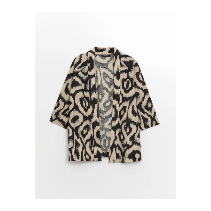 Şal Yaka Desenli Oversize Keten Karışımlı Kadın Kimono