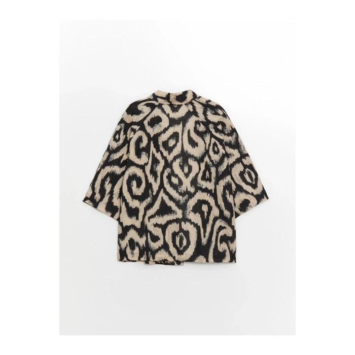 Şal Yaka Desenli Oversize Keten Karışımlı Kadın Kimono