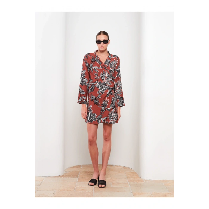 Kruvaze Yaka Desenli Uzun Kollu Kadın Elbise