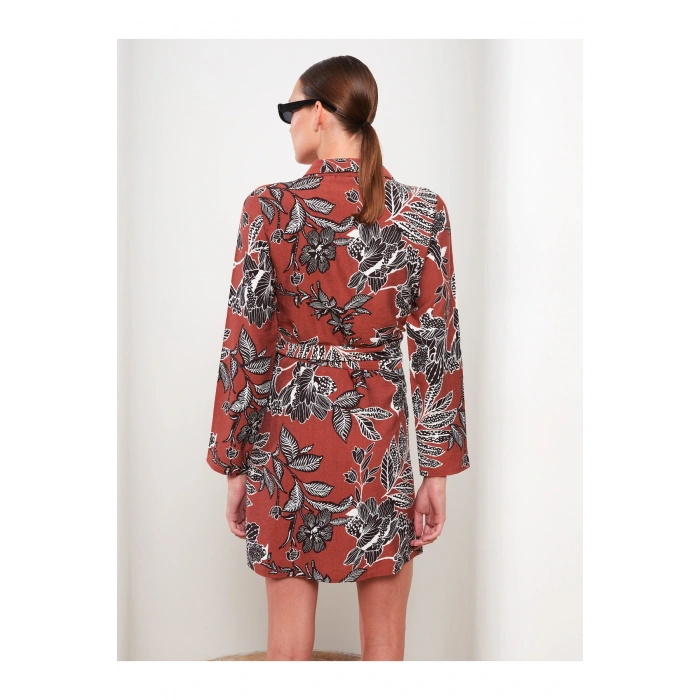 Kruvaze Yaka Desenli Uzun Kollu Kadın Elbise