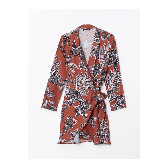 Kruvaze Yaka Desenli Uzun Kollu Kadın Elbise