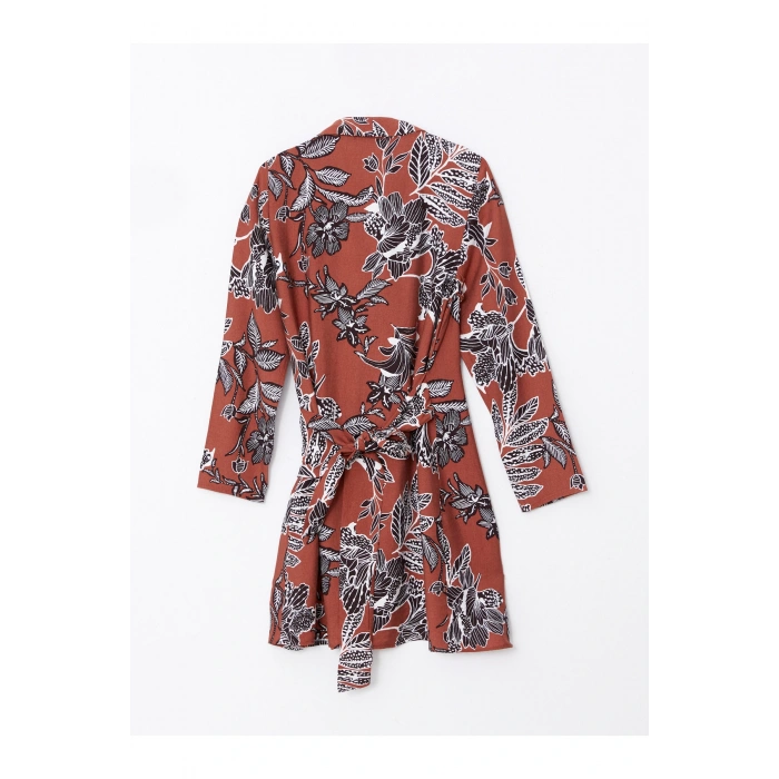 Kruvaze Yaka Desenli Uzun Kollu Kadın Elbise