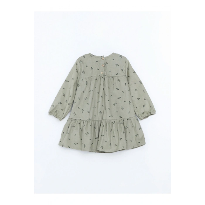 Yeşil Bisiklet Yaka Kız Bebek Çiçekli Kadife Elbise