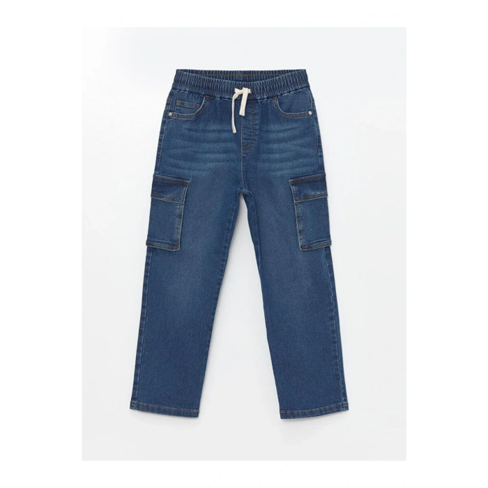 Kids İndigo Beli Lastikli Erkek Çocuk Kargo Jean Pantolon