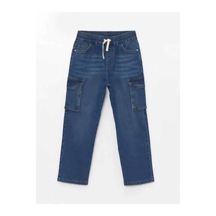 Kids İndigo Beli Lastikli Erkek Çocuk Kargo Jean Pantolon