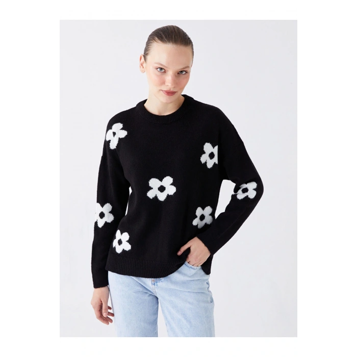 Bisiklet Yaka Çiçekli Uzun Kollu Oversize Kadın Triko Kazak