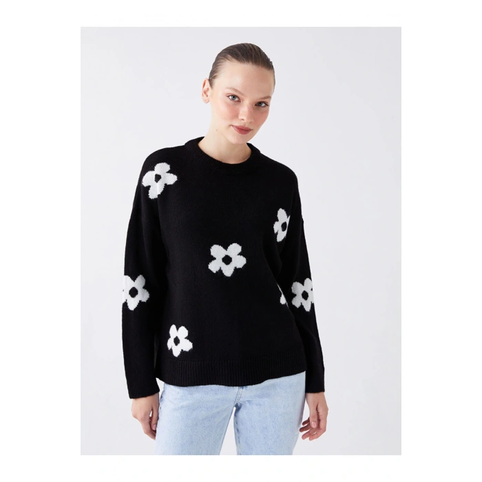 Bisiklet Yaka Çiçekli Uzun Kollu Oversize Kadın Triko Kazak