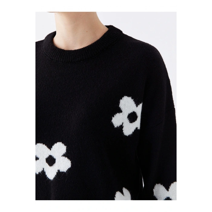 Bisiklet Yaka Çiçekli Uzun Kollu Oversize Kadın Triko Kazak