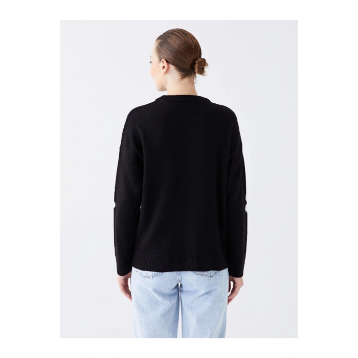 Bisiklet Yaka Çiçekli Uzun Kollu Oversize Kadın Triko Kazak