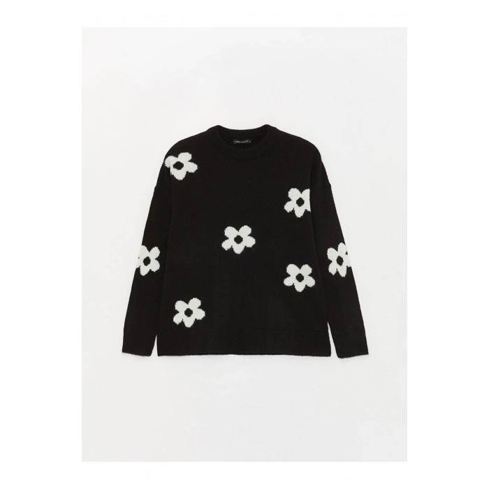 Bisiklet Yaka Çiçekli Uzun Kollu Oversize Kadın Triko Kazak