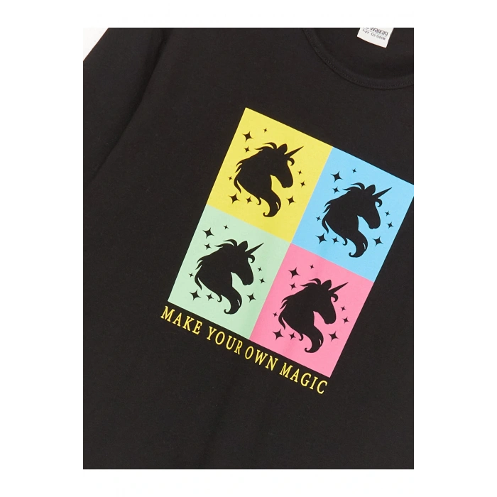 Bisiklet Yaka Baskılı Uzun Kollu Kız Çocuk Tişört