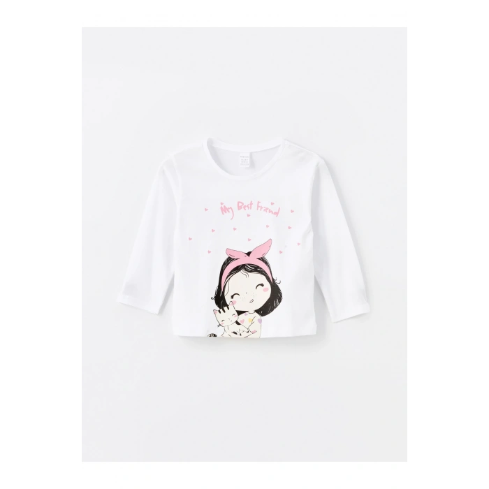 Bisiklet Yaka Uzun Kollu Baskılı Kız Bebek Tişört