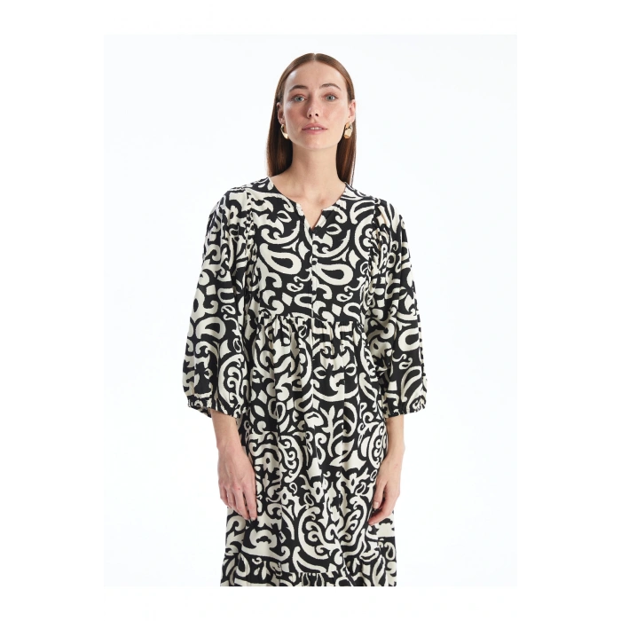 LCWAIKIKI Classic Kaçık Yaka Desenli Balon Kollu Oversize Kadın Elbise