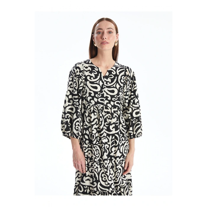 LCW Kaçık Yaka Desenli Balon Kollu Oversize Kadın Elbise