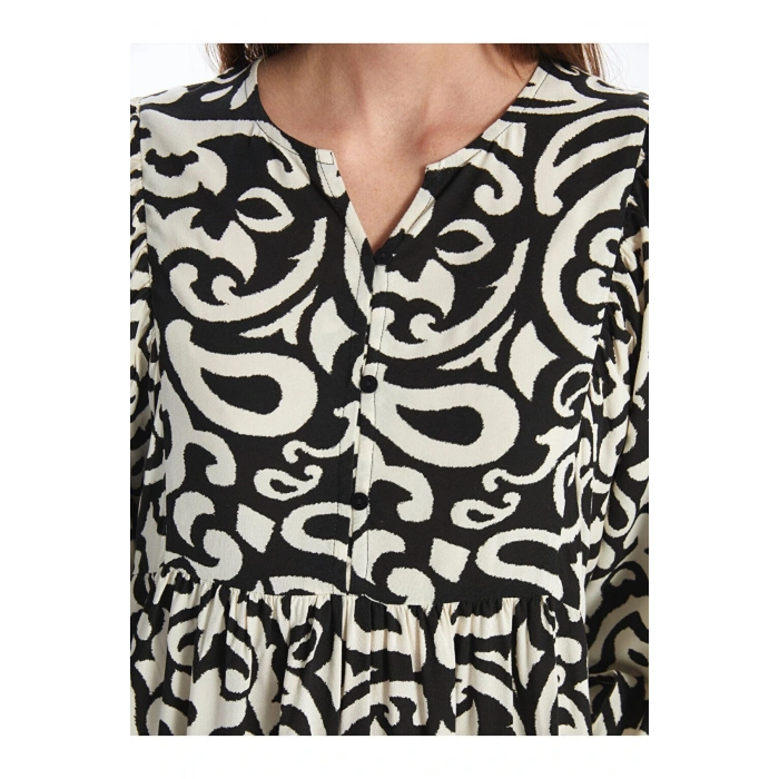 LCW Kaçık Yaka Desenli Balon Kollu Oversize Kadın Elbise