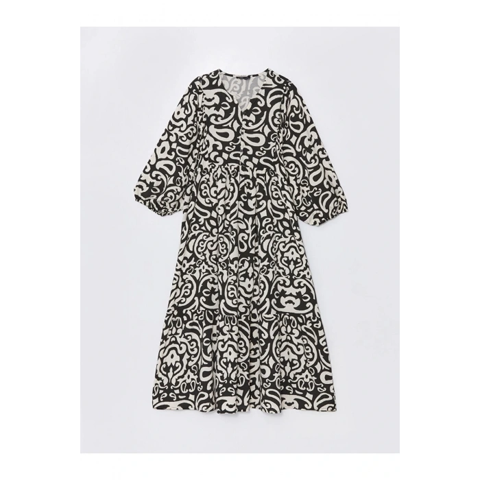 LCW Kaçık Yaka Desenli Balon Kollu Oversize Kadın Elbise