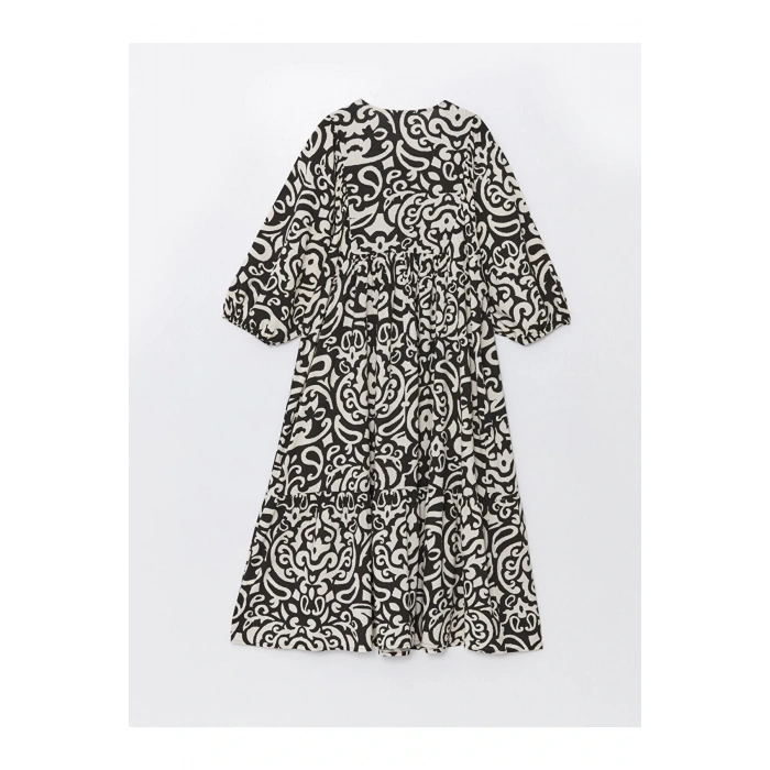 LCW Kaçık Yaka Desenli Balon Kollu Oversize Kadın Elbise