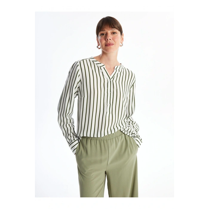 Kaçık Yaka Çizgili Uzun Kollu Kadın Bluz