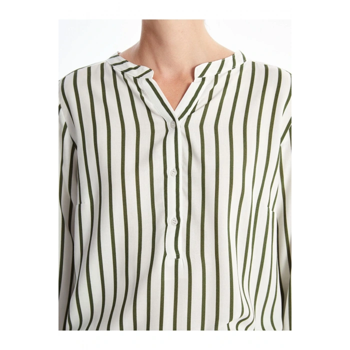Kaçık Yaka Çizgili Uzun Kollu Kadın Bluz