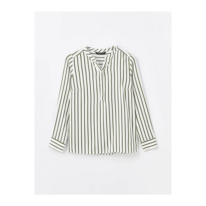 Kaçık Yaka Çizgili Uzun Kollu Kadın Bluz