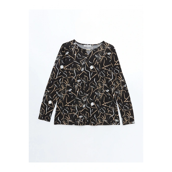 LCW Grace Siyah Bisiklet Yaka Desenli Uzun Kollu Kadın Bluz