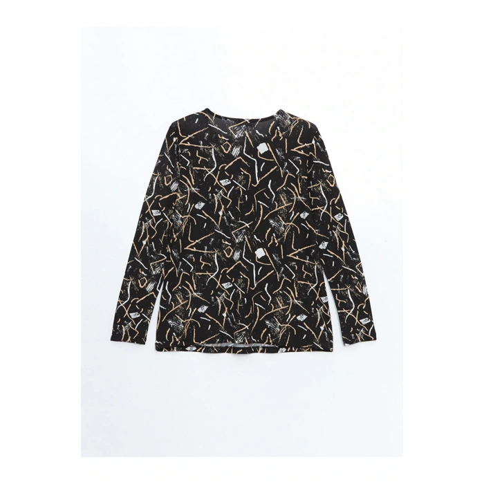 LCW Grace Siyah Bisiklet Yaka Desenli Uzun Kollu Kadın Bluz