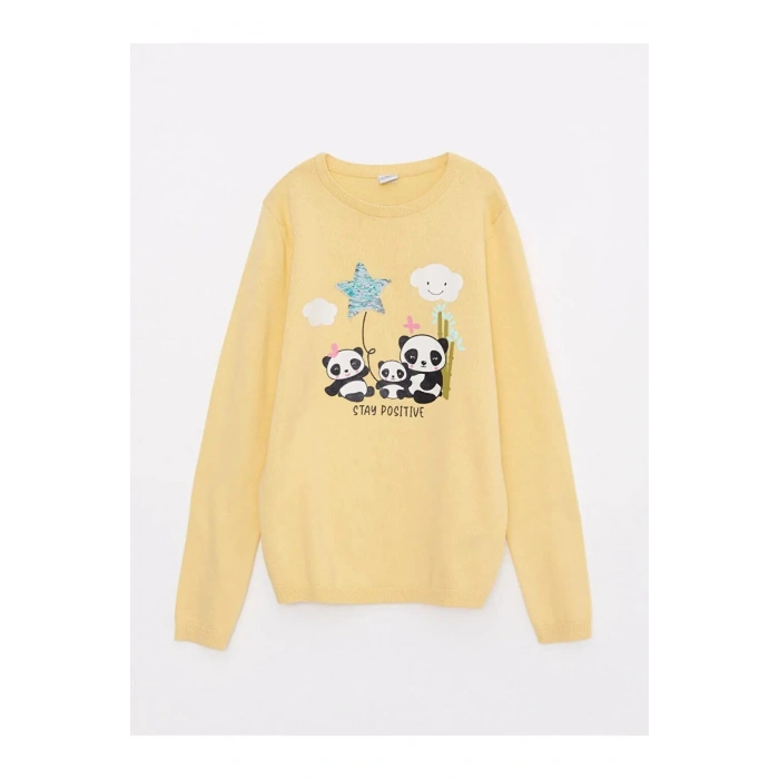 LCW Kids Sarı Bisiklet Yaka Baskılı Çift Yönlü Payetli Uzun Kollu Kız Çocuk Triko Kazak