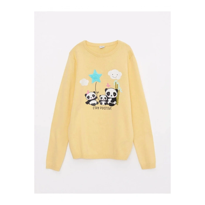 LCW Kids Sarı Bisiklet Yaka Baskılı Çift Yönlü Payetli Uzun Kollu Kız Çocuk Triko Kazak