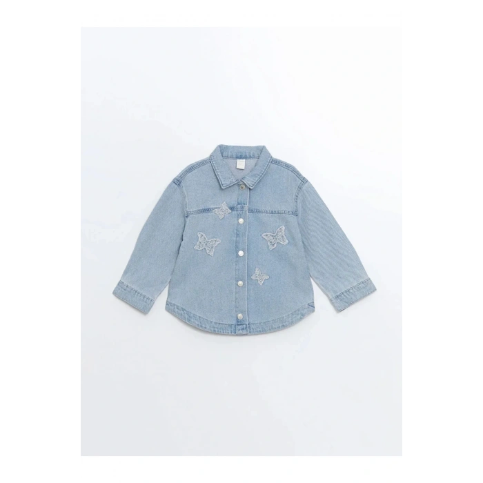 LCW baby Açık Mavi Rodeo Gömlek Yaka Nakışlı Kız Bebek Jean Ceket