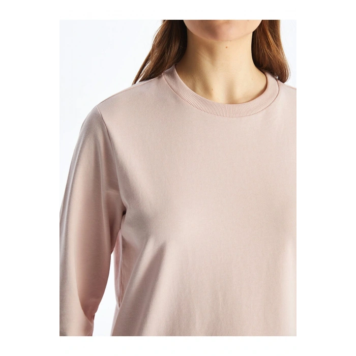 Pembe Bisiklet Yaka Düz Uzun Kollu Kadın Sweatshirt Tunik