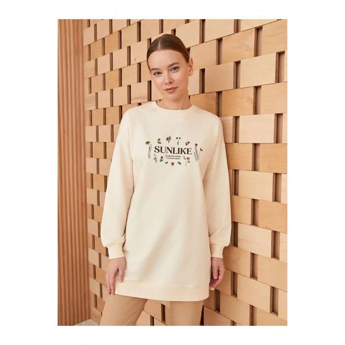 Bisiklet Yaka Baskılı Uzun Kollu Kadın Tunik